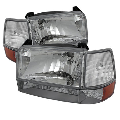 SPYDER Xtune Ford F150/Bronco 92-96 Headlights w/Corner Bumper 6pcs Amber- Chrome HD-JH-FB92-SET-AM-C 5073150 5073150 Photo - Primary