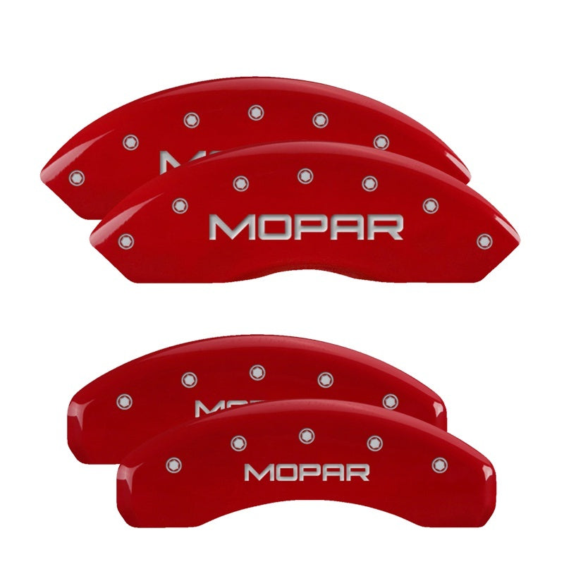 MGP 4 Caliper Covers Engraved Front & Rear Mopar Red Finish Silver Char 2019 Jeep Wrangler 42019SMOPRD 42019SMOPRD Photo - Primary