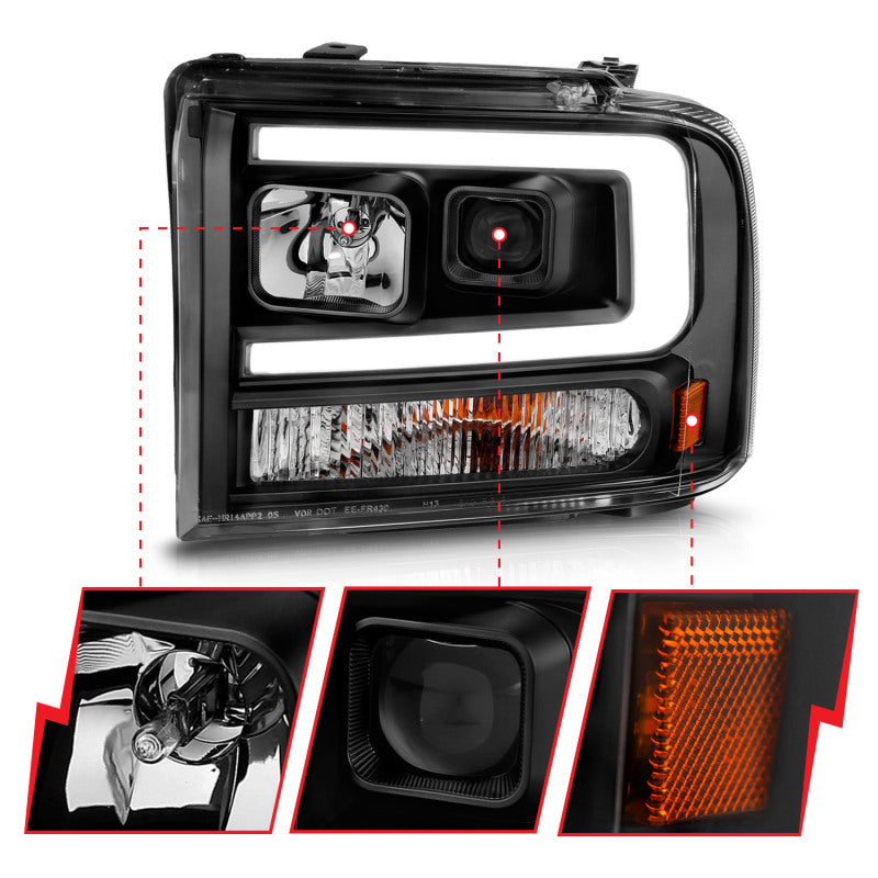 ANZO 99-04 Ford F250/F350/F450/Excursion (excl 99) Projector Headlights - w/ Light Bar Black Housing 111551 111551 Photo - Unmounted