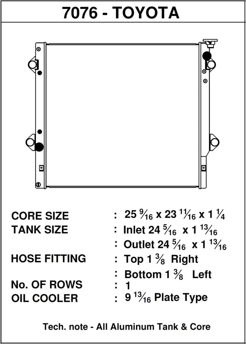 CSF 06-14 Toyota FJ Cruiser 4.0L / 03-09 Toyota 4Runner 4.0L / 2010 Toyota 4Runner 2.7L Radiator 7076 7076 Technical Drawing