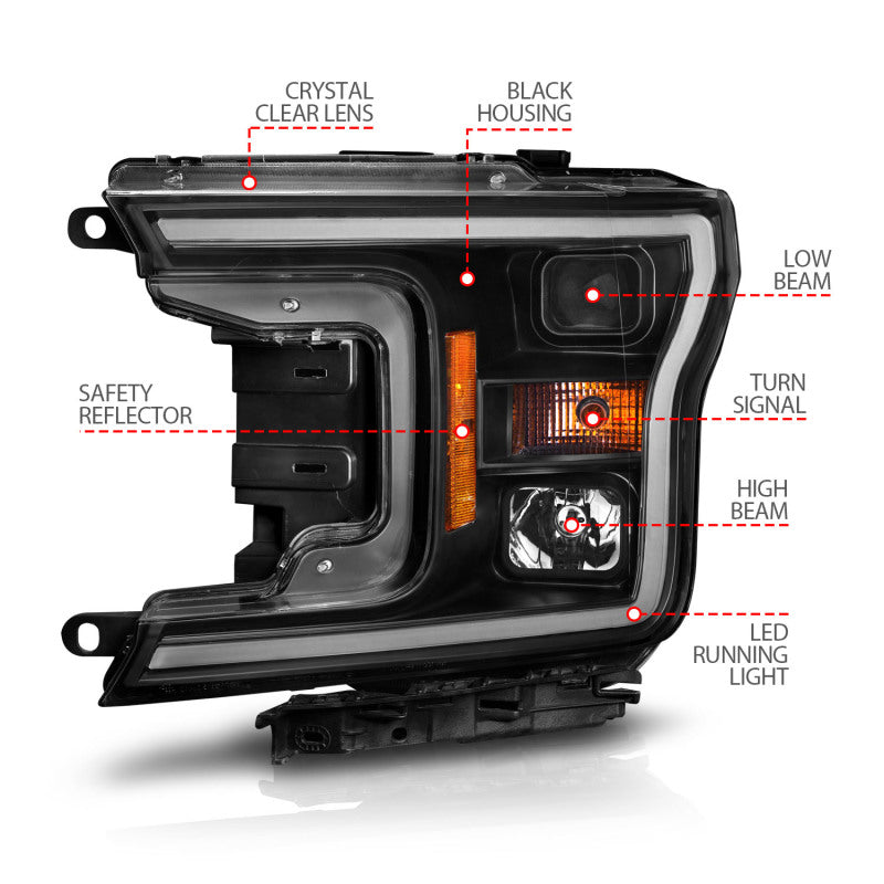 ANZO 2018-2020 Ford F-150 Projector Headlight w/ Plank Style Switchback Black Housing 111509 111509 Photo - Unmounted