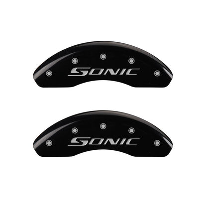 MGP Front set 2 Caliper Covers Engraved Front Sonic Black finish silver ch 14213FSNCBK 14213FSNCBK Photo - Primary