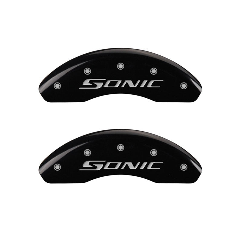 MGP Front set 2 Caliper Covers Engraved Front Sonic Black finish silver ch 14213FSNCBK 14213FSNCBK Photo - Primary
