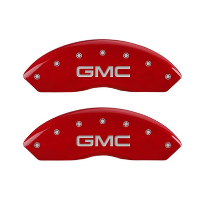 MGP Front set 2 Caliper Covers Engraved Front GMC Red finish silver ch 34012FGMCRD 34012FGMCRD Photo - Primary