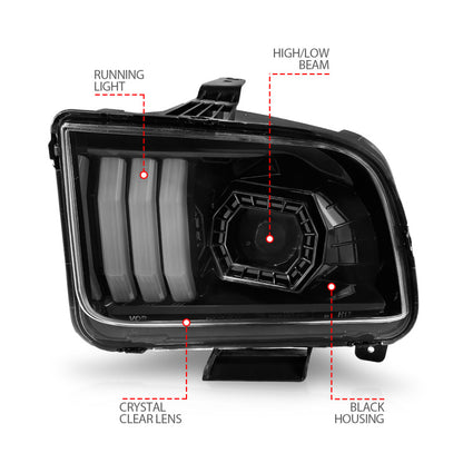 ANZO 05-09 Ford Mustang (w/Factory Halogen HL Only) Projector Headlights w/Light Bar Black Housing 121566 121566 Photo - Unmounted