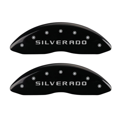 MGP Front set 2 Caliper Covers Engraved Front Silverado Black finish silver ch 14238FSILBK 14238FSILBK Photo - Primary