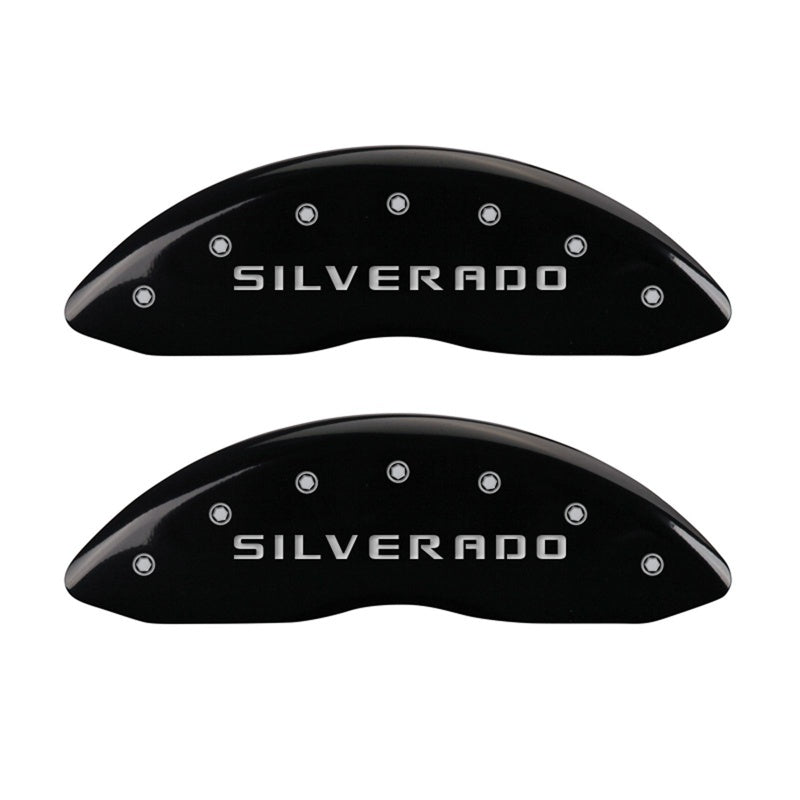 MGP Front set 2 Caliper Covers Engraved Front Silverado Black finish silver ch 14207FSILBK 14207FSILBK Photo - Primary
