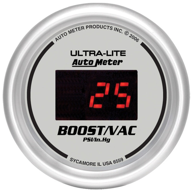 Autometer Gauge, Vac/Boost, 2 1/16", 30inHg-30psi, Digital, Silver Dial W/ Red 6559 Photo - Primary