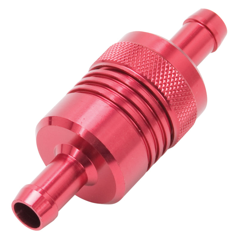 Edelbrock FUEL FILTER, ALUMINUM, 3" X 01/ 1/8", 3/8" INLET/OUTLET, RED 8139 Photo - out of package