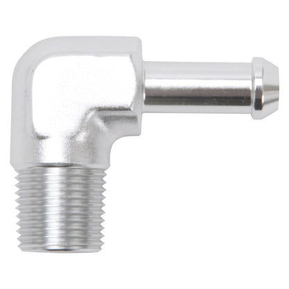Edelbrock Hose End, 90-Degrees 3/8" NPT to 3/8" Barb, Clear Anodize 8168 Photo - Primary