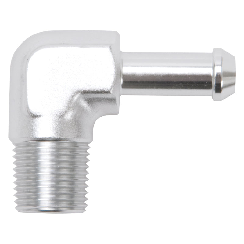 Edelbrock Hose End, 90-Degrees 3/8" NPT to 3/8" Barb, Clear Anodize 8168 Photo - Primary
