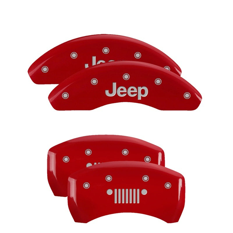 MGP 4 Caliper Covers Engraved Front JEEP Engraved Rear JEEP Grill logo Red finish silver ch 42013SJPLRD 42013SJPLRD Photo - Primary