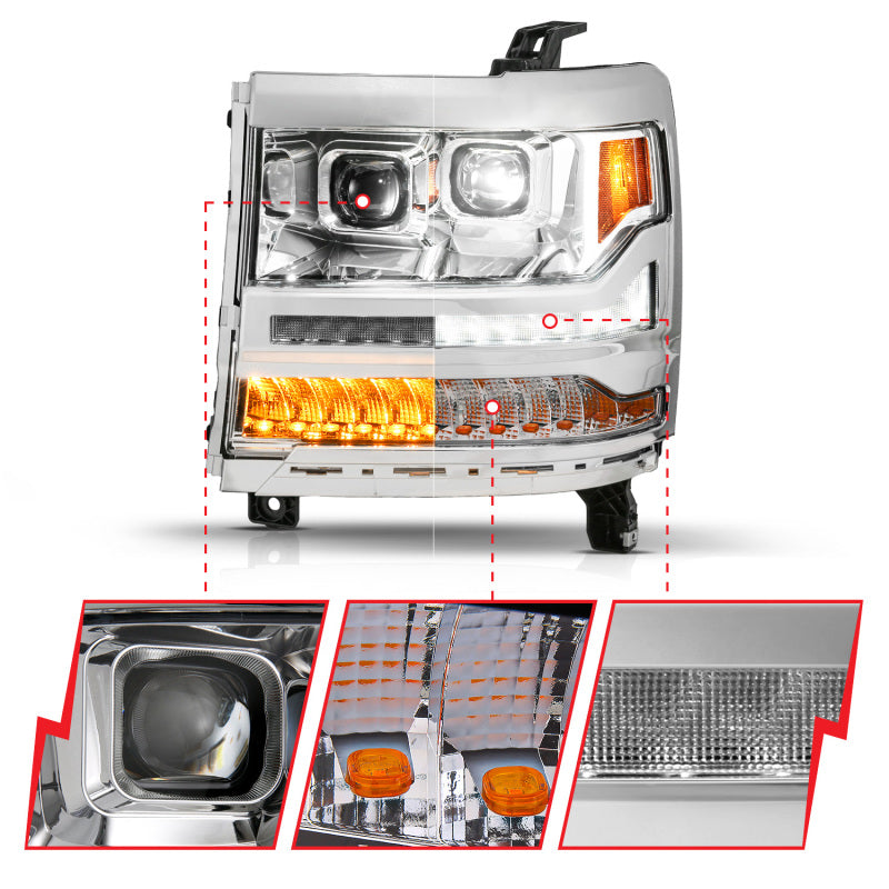 ANZO 16-18 Chevy Silverado 1500 (Factory HID Models ONLY) Full LED Proj Headlights Chrome - Pair 111623A 111623A User 1