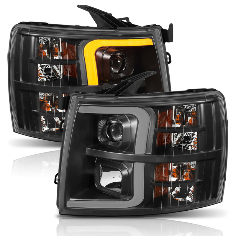 ANZO 07-13 Chevrolet Silverado 1500 Plank Style Projector Headlights Black w/ Amber 111410 111410 Photo - out of package