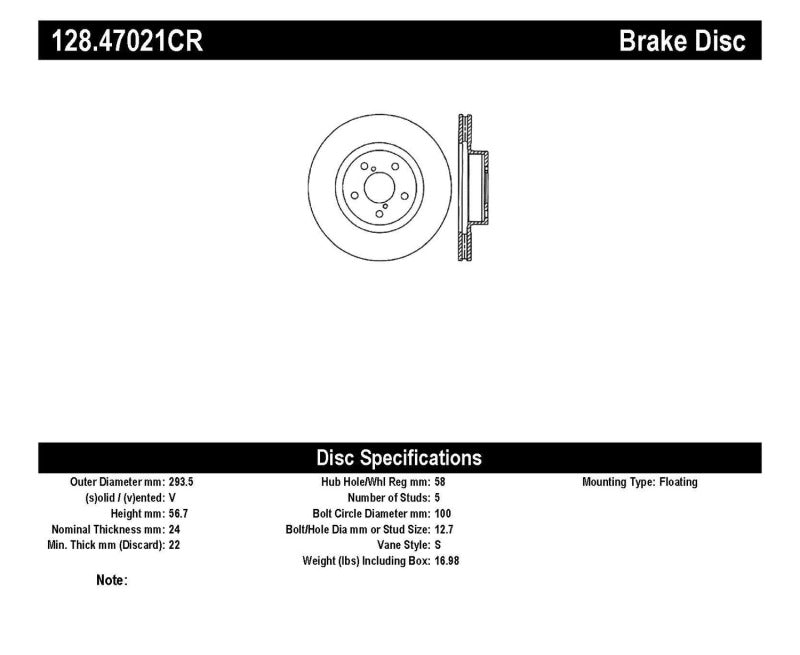 StopTech  Sport Cryo Cross Drilled Brake Rotor; Front Right 128.47021CR Catalog