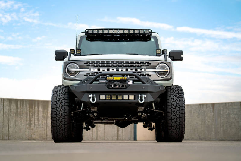 DV8 Offroad 2021+ Ford Bronco Modular Front Bumper Winch Capable w/ Auxiliary Light Mounts FBBR-02 FBBR-02 Photo - Mounted