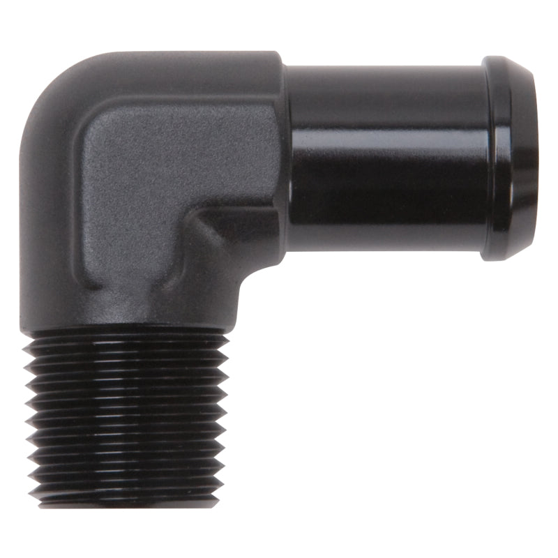 Edelbrock Hose End, 90-Degree, 1/2" NPT TO 3/4" Barb, Black Anodize 8165 Photo - Primary