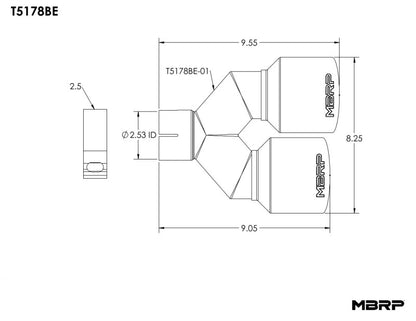 MBRP Burnt End Tip 2.5 ID Dual 4 OD Out 9.5 length Single wall 304 Stainless Steel Driver Side T5178BE T5178BE Line Art