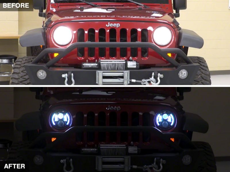 Raxiom 97-18 Jeep Wrangler TJ & JK 6-LED Headlights w/ Partial Halo- Blk Housing (Clear Lens) J135442 J135442 Photo - Close Up