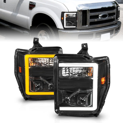 ANZO 08-10 Ford F-250 - F-550 Super Duty Projector Headlights w/ Light Bar Switchback Black Housing 111586 111586 Photo - Primary