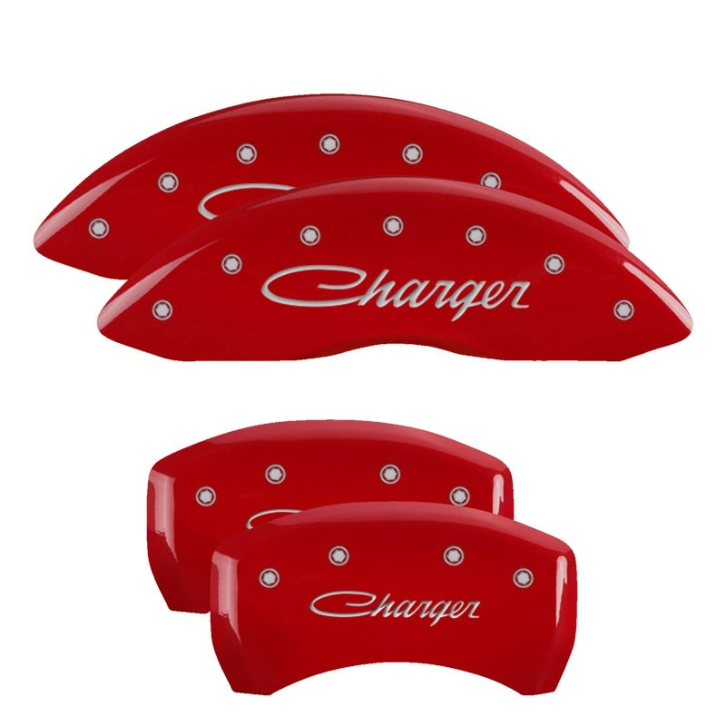 MGP 4 Caliper Covers Engraved Front & Rear Cursive/Charger Red finish silver ch 12005SCHSRD 12005SCHSRD Photo - Primary