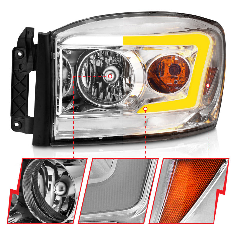 Anzo 06-09 Dodge RAM 1500/2500/3500 Headlights Chrome Housing/Clear Lens (w/Switchback Light Bars) 111527 111527 Photo - Unmounted