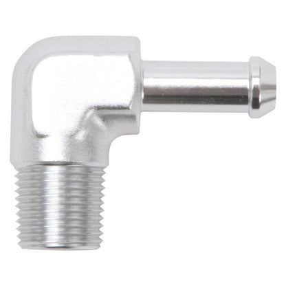 Edelbrock Hose End, 90-Degrees 3/8" NPT to 3/8" Barb, Clear Anodize 8168 Photo - Primary