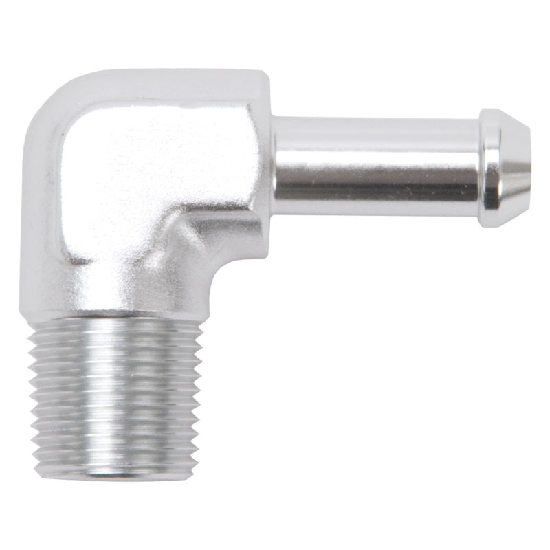 Edelbrock Hose End, 90-Degrees 3/8" NPT to 3/8" Barb, Clear Anodize 8168 Photo - Primary
