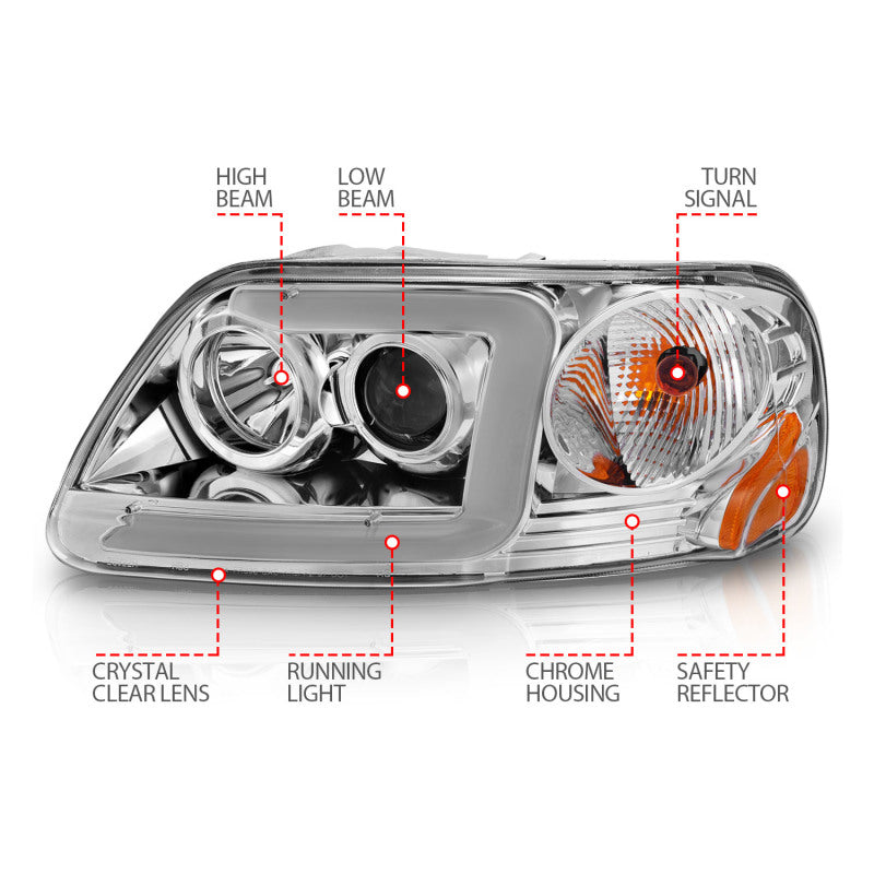 ANZO 1997-2003 Ford F-150 Projector Headlights w/ Light Bar Chrome Housing 111504 111504 Photo - Unmounted