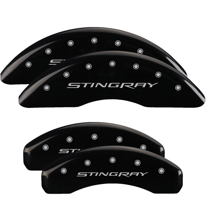 MGP 4 Caliper Covers Engraved Front & Rear Stingray Black finish silver ch 13084SSTYBK 13084SSTYBK Photo - Primary