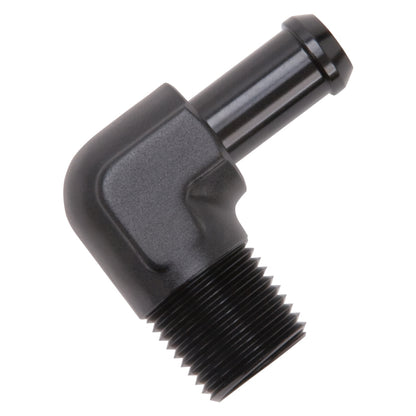 Edelbrock Hose End, 90-deg., 1/2" NPT to 1/2" Barb, Black Anodize 8180 Photo - out of package