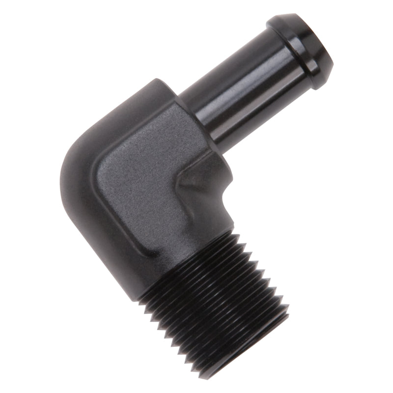 Edelbrock Hose End, 90-deg., 1/2" NPT to 1/2" Barb, Black Anodize 8180 Photo - out of package