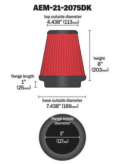 AEM Induction AEM 5in Dryflow Air Filter with 8in Element 21-2075DK 21-2075DK Technical Drawing