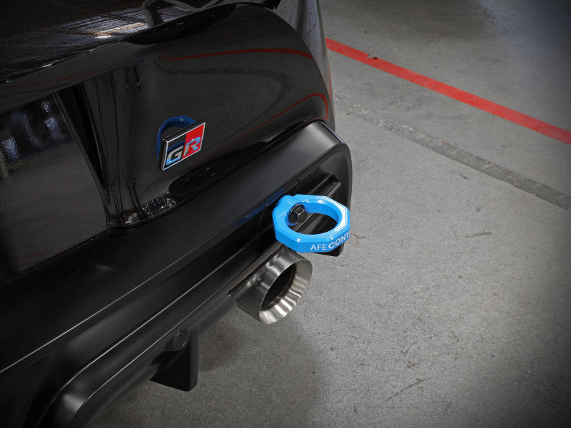 aFe Control Rear Tow Hook Blue 20-21 Toyota GR Supra (A90) 450-721002-L 450-721002-L Photo - Mounted