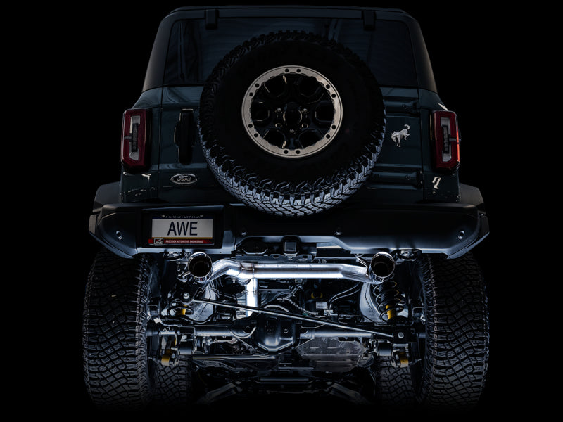 AWE Tuning 2021+ Ford Bronco 0FG Dual Rear Exit Exhaust w/Chrome Silver Tips & Bash Guard 3015-32456 3015-32456 Photo - Mounted