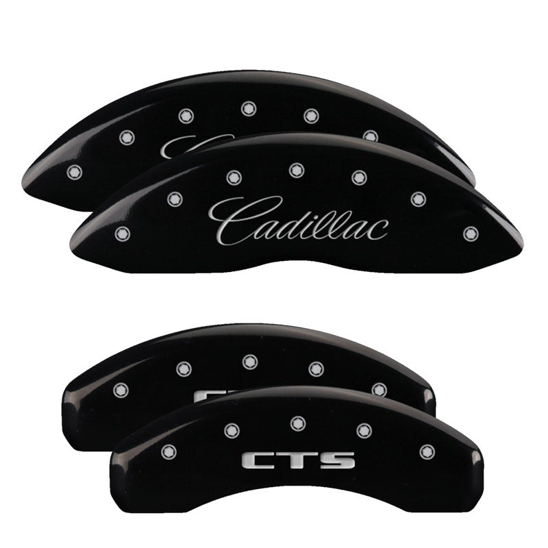 MGP 4 Caliper Covers Engraved Front Cursive/Cadillac Engraved Rear CTS Black finish silver ch 35011SCTSBK 35011SCTSBK Photo - Primary