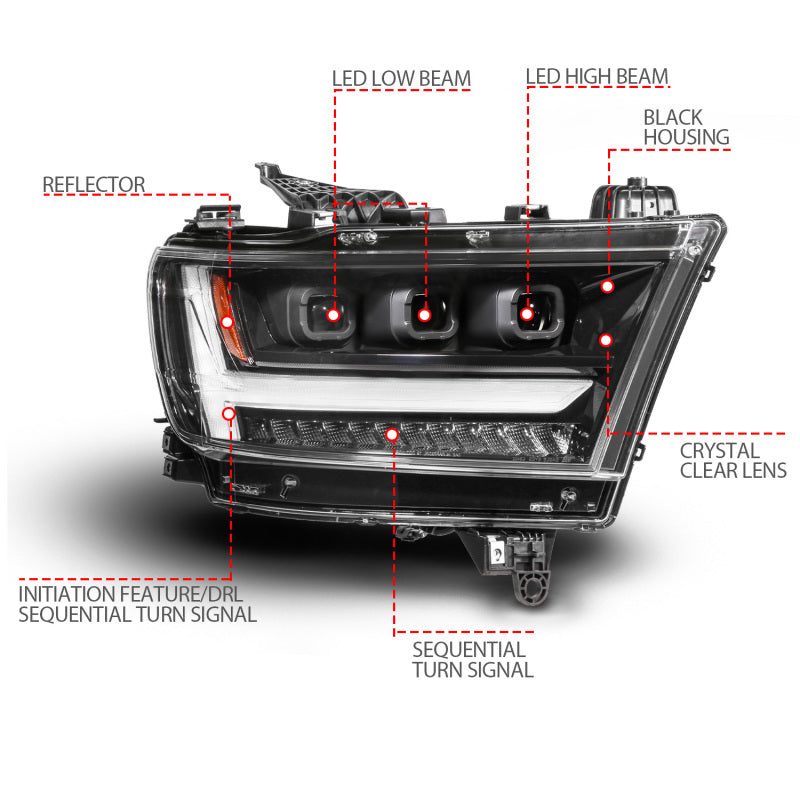 ANZO 19-24 RAM 1500 (New Body/OE Halogen) Full LED Proj Headlights DRL/SeqSig Black - Pass. Side 111628A-R 111628A-R User 1