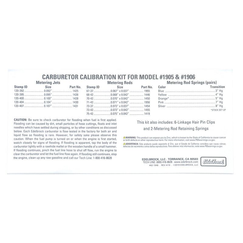 Edelbrock AVS2 Series Carburetor Calibration Kit 1948 Photo - out of package