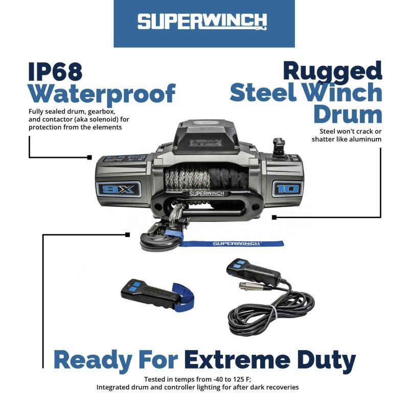 Superwinch 10000 LBS 12 VDC 3/8in x 85ft Wire Rope SX 10000 Winch 1710200 1710200 Features and Benefits