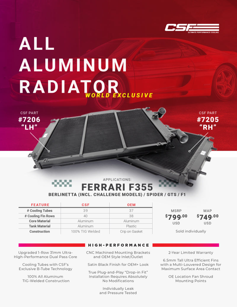 CSF Ferrari F355 High Performance All-Aluminum Radiator - Right 7205 7205 Brochure - A general brochure describing a brand, company, product line.  If brochure in question is for a specific product, use code PDB.