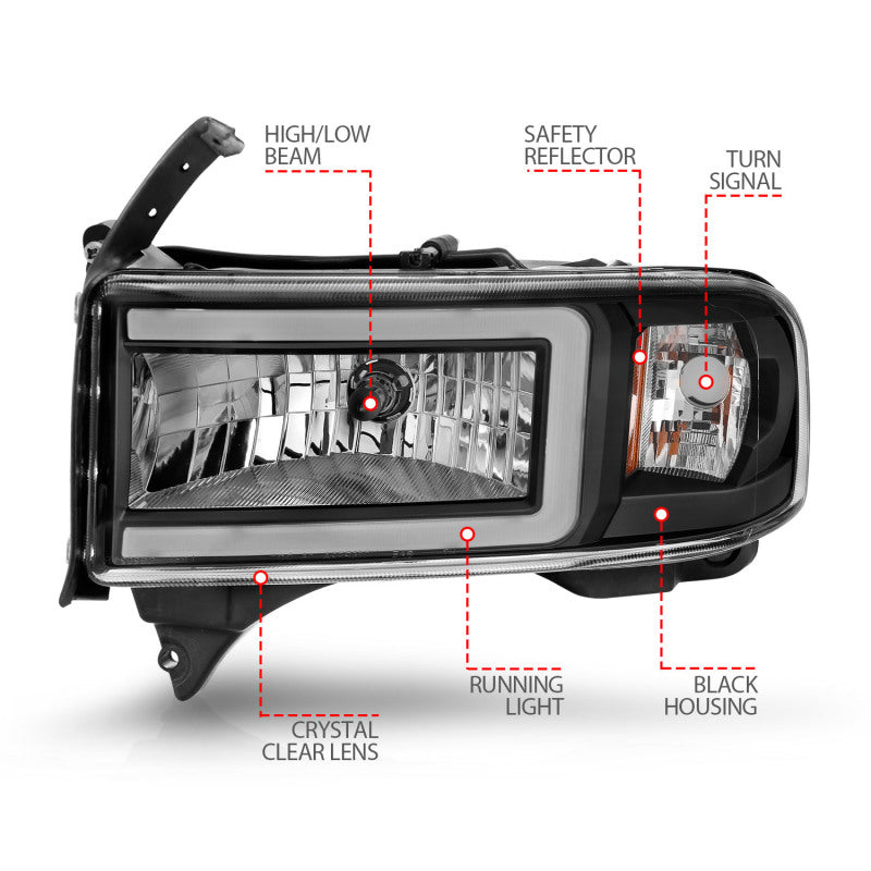 ANZO 94-02 Dodge RAM Crystal Headlight - w/ Light Bar Black Housing 111554 111554 Photo - Unmounted