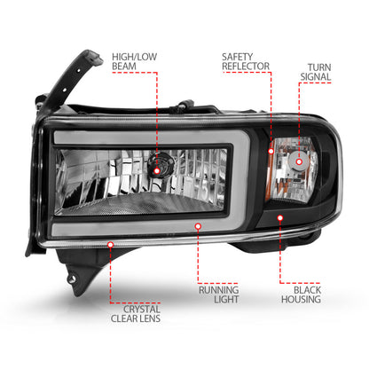 ANZO 94-02 Dodge RAM Crystal Headlight - w/ Light Bar Black Housing 111554 111554 Photo - Unmounted