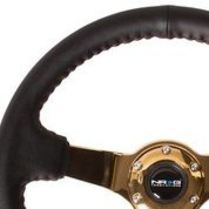 NRG Reinforced Steering Wheel (3in Deep / 4mm) 350mm Blk Leather w/Red BBall Stitch & Gold Spoke RST-036CG RST-036CG User 1