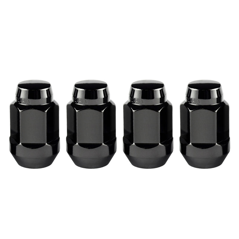 McGard Hex Lug Nut (Cone Seat Bulge Style) M14X1.5 / 22mm Hex / 1.635in. Length (4-Pack) - Black 64074 64074 Photo - out of package