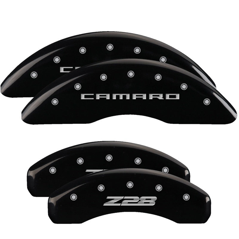 MGP 4 Caliper Covers Engraved Front Gen 5/Camaro Engraved Rear Gen 5/Z28 Black finish silver ch 14011SZ85BK 14011SZ85BK Photo - Primary