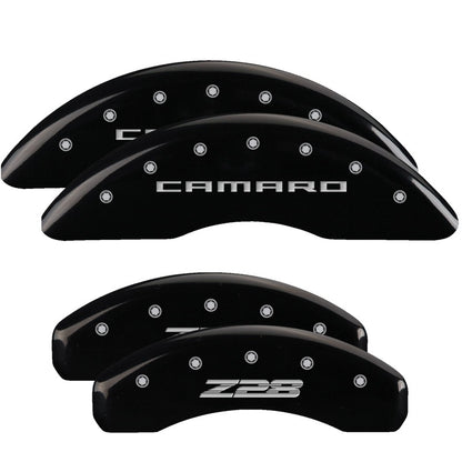 MGP 4 Caliper Covers Engraved Front Gen 5/Camaro Engraved Rear Gen 5/Z28 Black finish silver ch 14011SZ85BK 14011SZ85BK Photo - Primary