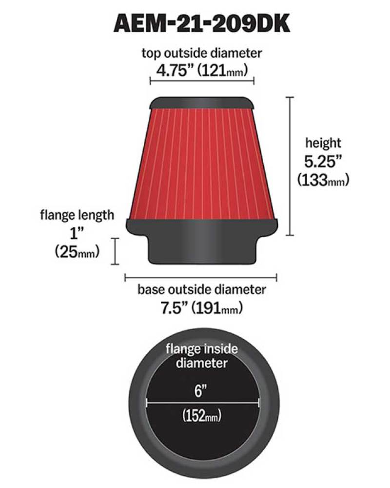 AEM Induction AEM 6 inch x 5 inch DryFlow Conical Air Filter 21-209DK 21-209DK Technical Drawing