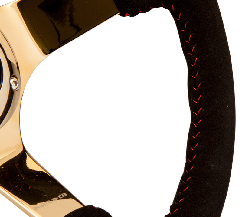 NRG Reinforced Steering Wheel (350mm / 3in. Deep) Blk Suede w/Red BBall Stitch & Chrome Gold 3-Spoke RST-036GD-S RST-036GD-S Photo - Primary