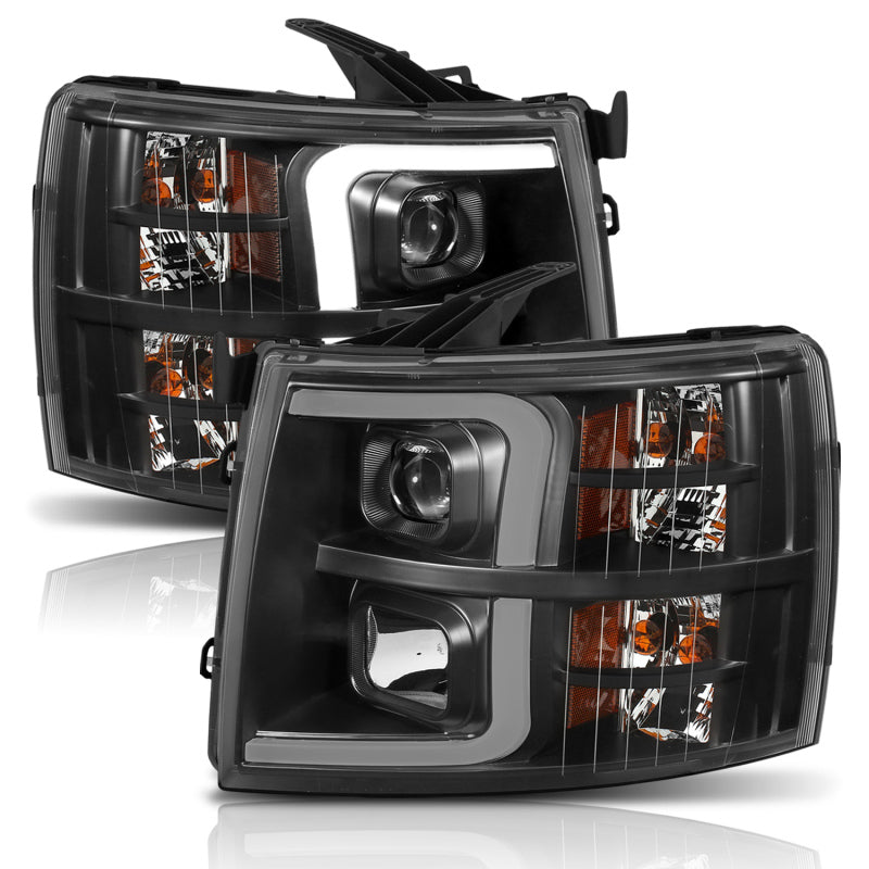 ANZO 07-13 Chevrolet Silverado 1500 Plank Style Projector Headlights Black w/ Amber 111410 111410 Photo - Primary