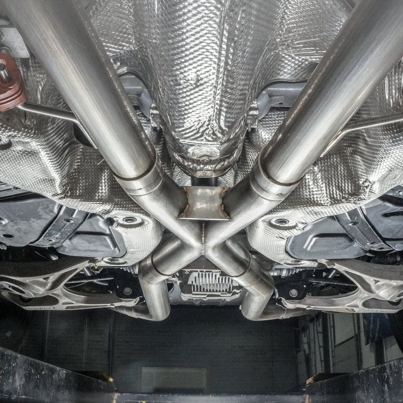 Stainless Works 2018 Jeep TrackHawk 6.2L 3in Catback System X-Pipe Turbo S-Tube Muffler Stock Exit JEEP1862CB-S JEEP1862CB-S Photo - Mounted